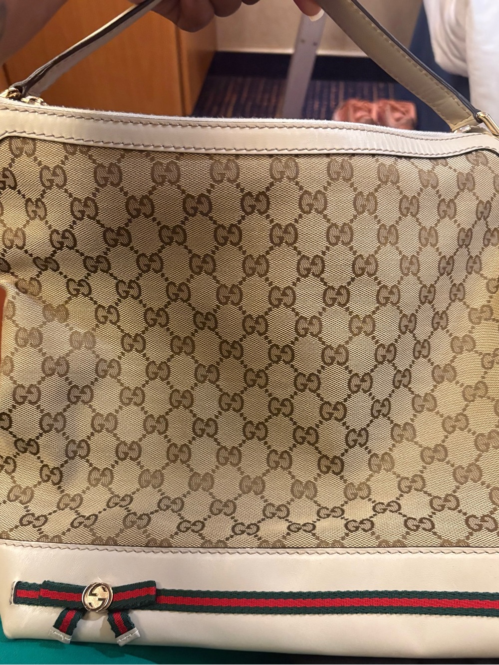 Gucci Beige GG Canvas Shoulder Bag with White Trim and Web Stripe